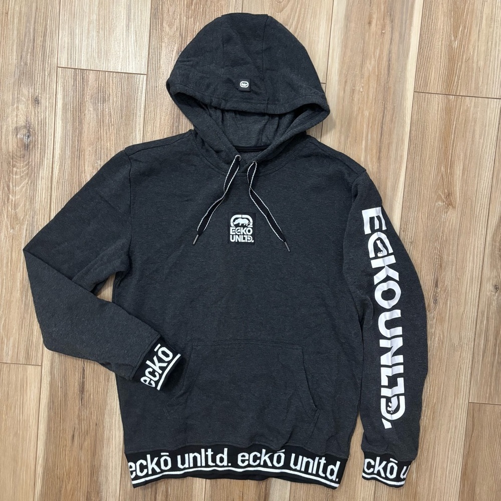 Ecko Unltd. Men's Y2K Pullover Hoodie Rhino Spell Out Sleeve And Trim Size M